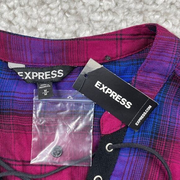 Express Plaid Lace Up Tunic Blouse Blue Pink NEW DEFECT - Picture 6 of 9